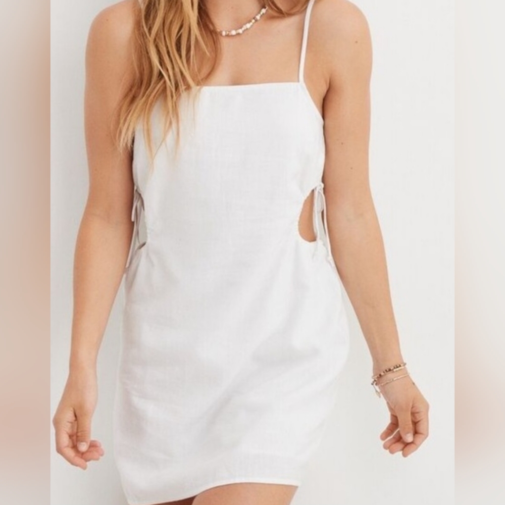 Aerie‎ Linen Blend Dress White Adjustable Strap Side Cut Out Mini Size XL